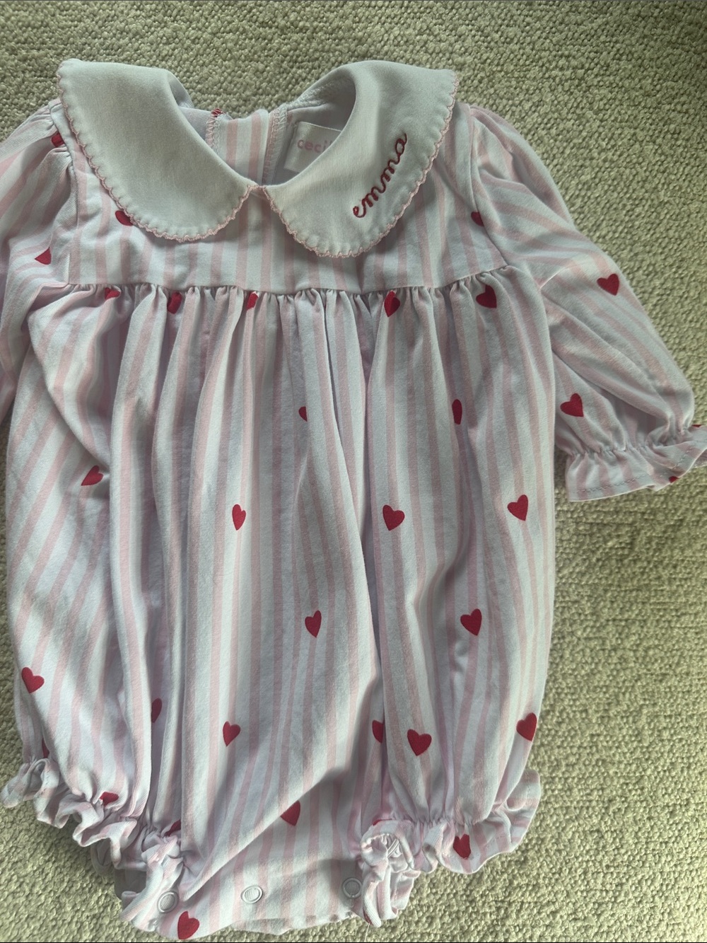 Cecil and Lou Pink Striped Baby Bubble with Red Hearts & Embroidered ‘Emma’